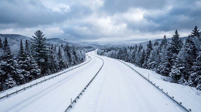 Aerial view of a scenic snow covered highway through a pine forest.