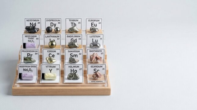 A wooden display stand with a collection of minerals and crystals, each labeled with their respective chemical symbols, arranged in a grid pattern.