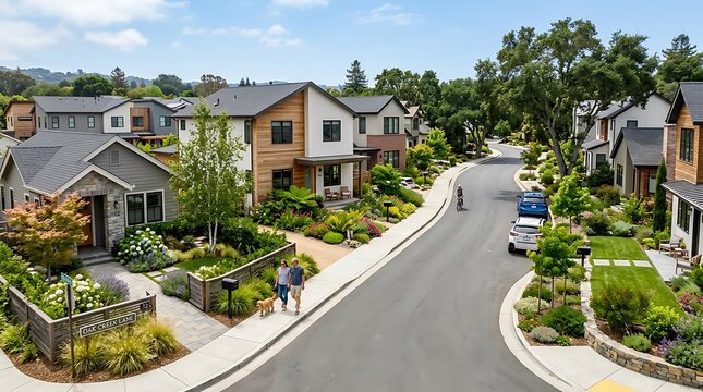 Aerial view of a quiet suburban street with modern homes and lush landscaping.
