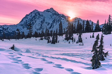 Golden winter sunset glows behind a snow covered mountain as sunlight breaks over an alpine meadow with footprints in fresh snow and frosted evergreens