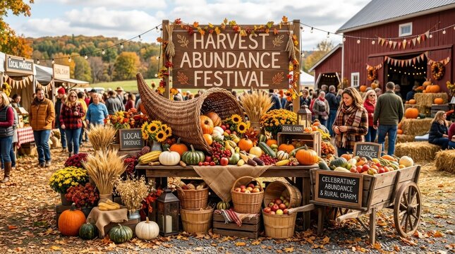 A vibrant harvest festival display with a cornucopia, pumpkins, apples, and other fall decorations, set against a rustic barn backdrop with people enjoying the event.