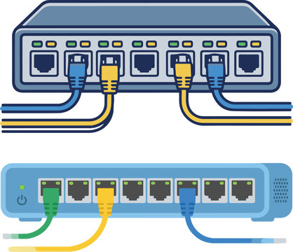 Flat vector illustration of a network switch with connected Ethernet cables, representing internet connectivity, LAN networking, data communication, and computer network infrastructure.
