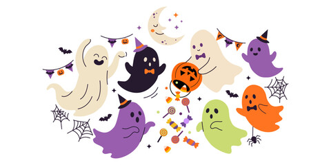 Fototapeta premium Playful ghost group celebrating Halloween party with trick or treat candy buckets, spider webs, and festive garlands in flat vector art