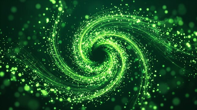 Glowing green particle vortex swirling in dark space, abstract dynamic spiral background for energy, magic, and technology concepts