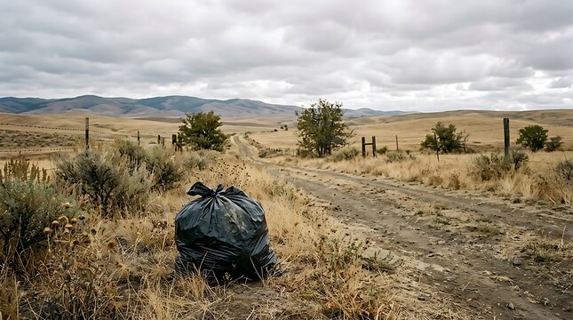 Black Trash Bag Left in Rural Landscape.
