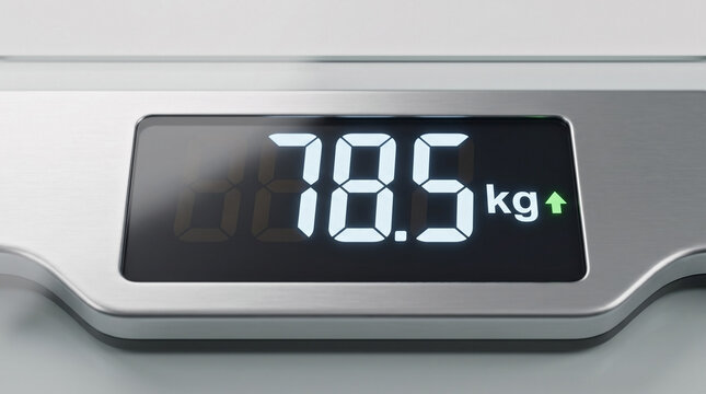 Digital scale digits showing increased weight with metric 78.5 kilograms, displaying small green arrow indicating gain. Health measurement indicates increased weight.