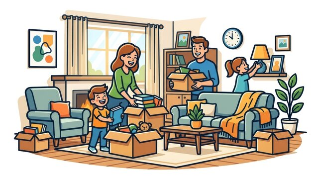 Happy family moving into a new home together, unpacking boxes and settling in with smiles