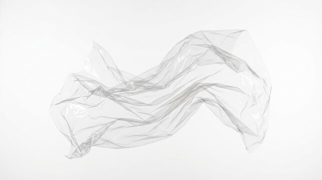 A translucent, rippling sheet of plastic material, floating in the air against a white background.