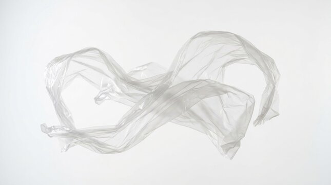 A transparent plastic bag floating in the air, with a white background and no visible objects or structures.