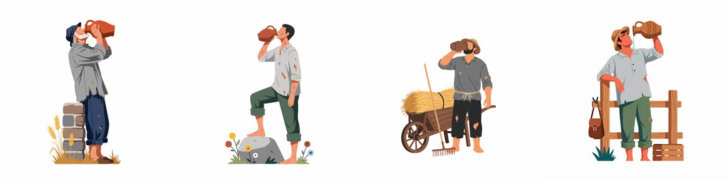 Set of historical rural men in ragged clothes drinking water from traditional clay jugs after hard labor in the fields.