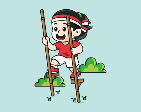 Girl Playing Bamboo Stilts (Egrang) Indonesian Traditional Game Illustration