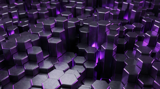Abstract 3D background with embossed hexagonal panels and purple light.
