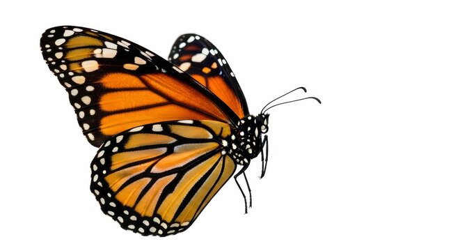 Beautiful monarch butterfly (Danaus plexippus) with open wings profile isolated on white background