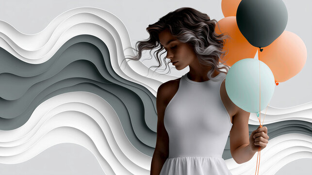 Woman in Flowing Dress with Abstract Spheres Representing Inner World