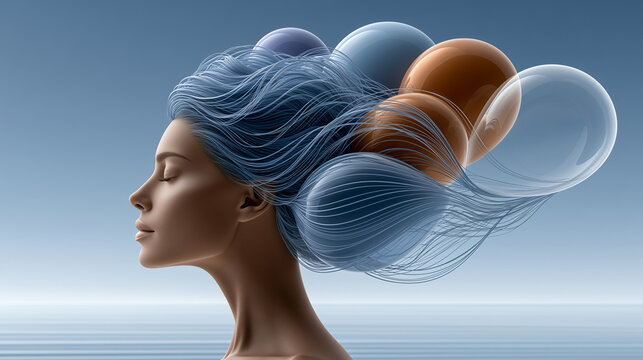 Solitary Figure at Sunset with Floating Spheres Representing Reflection