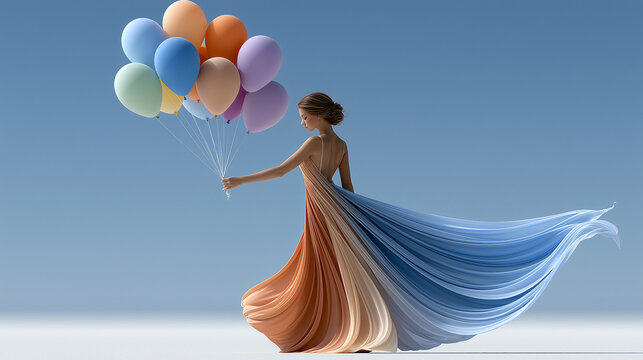 Woman Holding Balloons with Flowing Dress in Emotional Freedom Concept