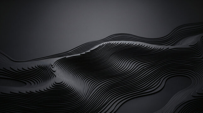 Abstract black wave background with 3D topographic levels and space for text.