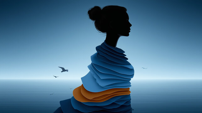 Female Silhouette with Layered Blue Form Representing Inner Identity