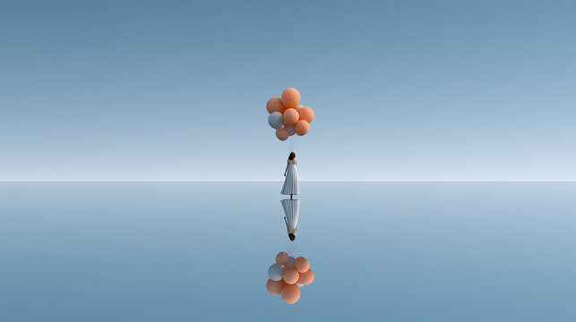 Solitary Woman with Floating Thoughts in Minimal Surreal Landscape