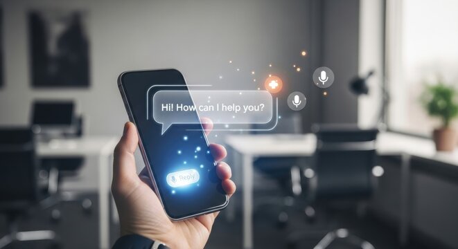 Hand holding smartphone displaying virtual assistant interface