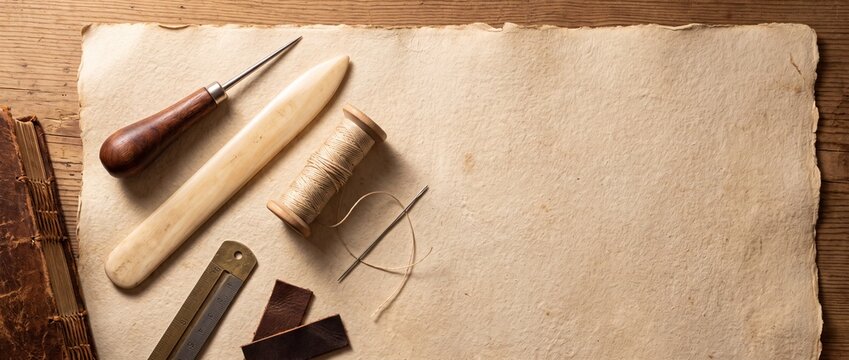 Leather crafting tools and thread on ancient paper, with old book and wooden surface, hobby and handmade art.