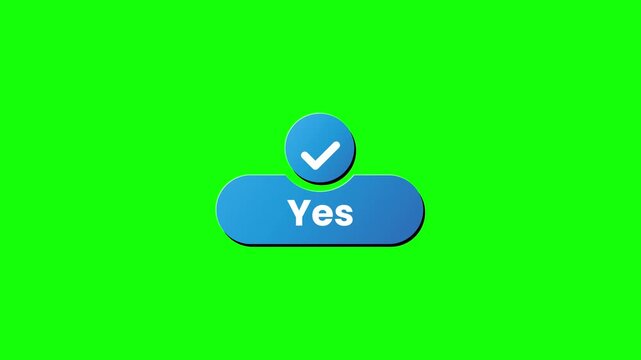 Affirmative blue 'Yes' button with checkmark on green screen for digital compositing and user interface design elements