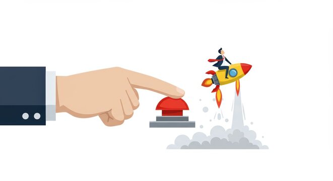 Hand pressing launch button with businessman on rocket taking off  