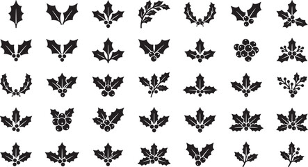 Set of black holly leaf and berry icons for christmas and winter holiday design Vector © MdMihad