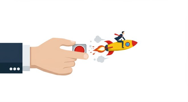 Hand pressing red button to launch rocket with businessman on top  