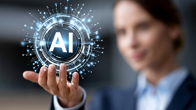 Futuristic AI assistant hologram with autonomous agent capabilities, natural language technology, business workflow integration concept, with copy space