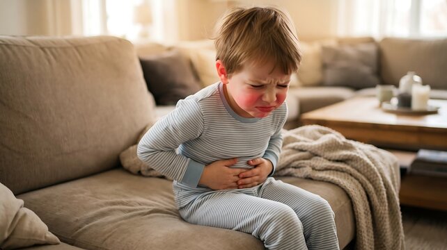 Child's Stomach Ache: A young boy grimaces in pain, clutching his stomach while sitting on a couch, his face flushed with discomfort.