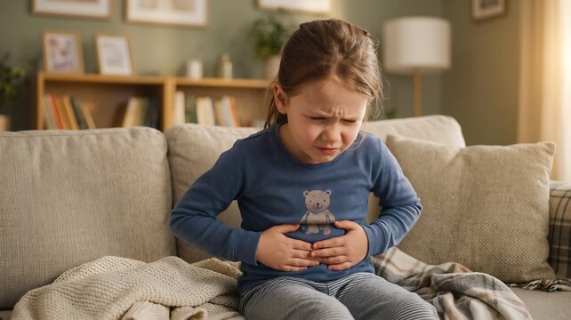 Childhood Stomach Ache: A young girl sits on a sofa, clutching her stomach with a pained expression, experiencing discomfort and distress.