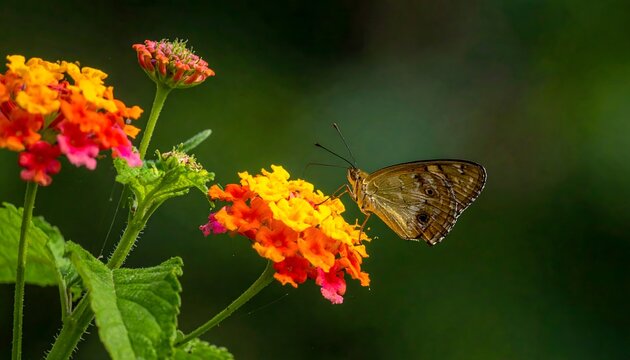 Butterfly Pollinating Colorful Lantana Flowers in Tropical Garden Close Up