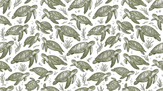 Seamless pattern of hand drawn green sea turtles swimming underwater illustration transparent background