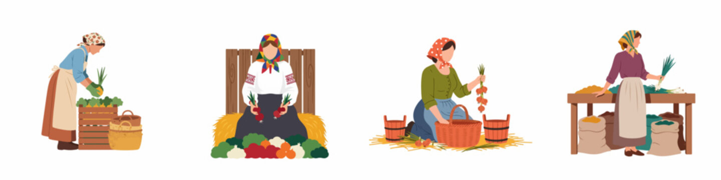 Set of traditional rural women harvesting, sorting, and selling farm produce including vegetables and grains, isolated vector illustration on white background.