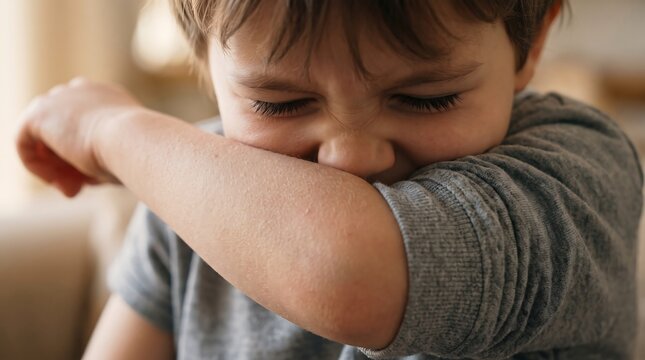 Child Coughing into Elbow: A young boy with his eyes closed, coughs into his elbow, demonstrating proper respiratory etiquette and depicting an illness.