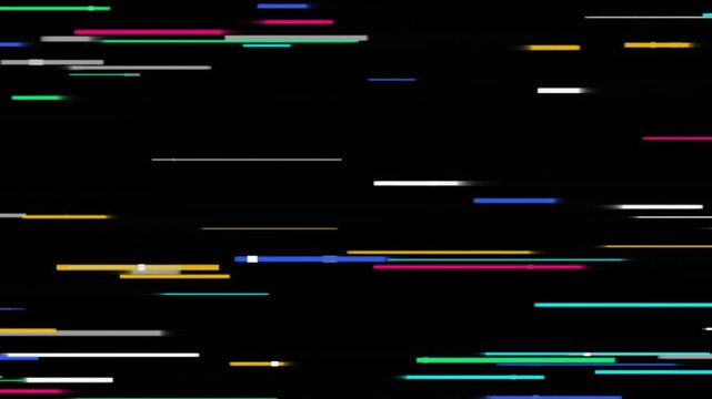 Fast moving horizontal neon light streaks abstract motion graphics background dynamic featuring fast-paced in colors against a black for high-energy video overlays and visual effects