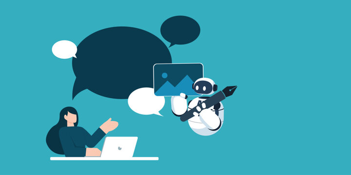 Woman at desk with laptop talk with AI robot holding image frame and digital pen tool, speech bubble background, flat art, modern technology concept.