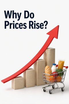 Red rising arrow illustrates inflation and higher grocery costs