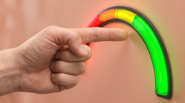 Conceptual credit score meter with hand pointing to green zone, financial health rating scale, performance indicator gauge for business success