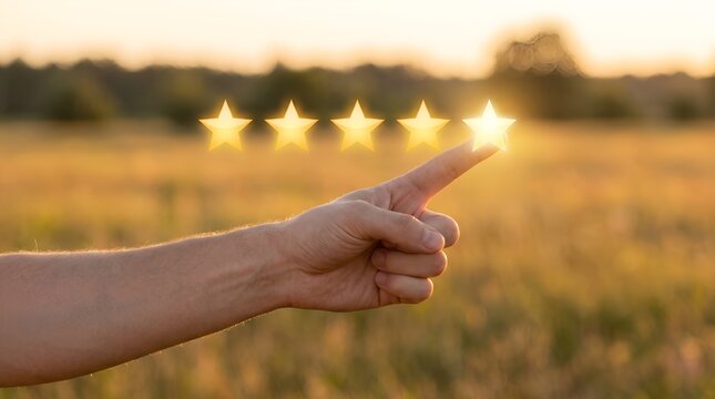 Five star rating concept with hand pointing to glowing stars, customer review and feedback symbol, excellent service quality ranking in nature