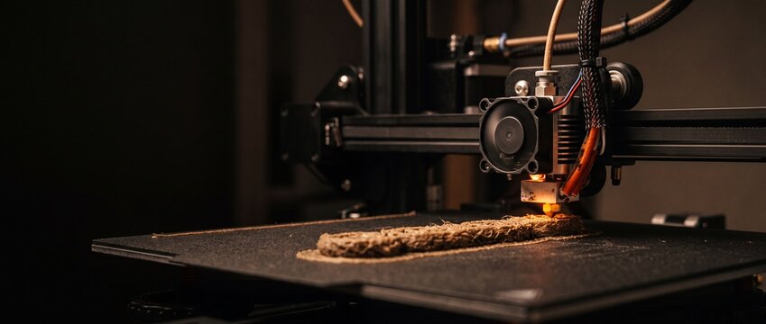 3d printer nozzle extruding molten plastic filament building object on heated print bed dark industrial setting.
