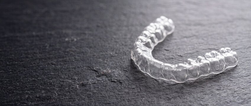 Clear plastic dental aligner for orthodontic treatment sitting on textured dark stone surface for invisible teeth straightening ads.