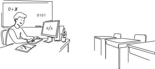 Computer Science Student Learning Programming in School Classroom – Education and Digital Literacy Concept. one line art icon drawing vector