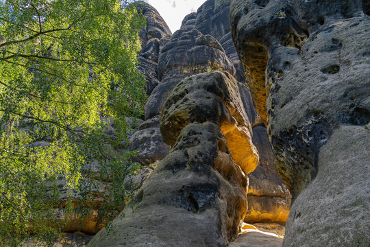 Unique sandstone formations at Schrammtor in Saxon Switzerland National Park Germany