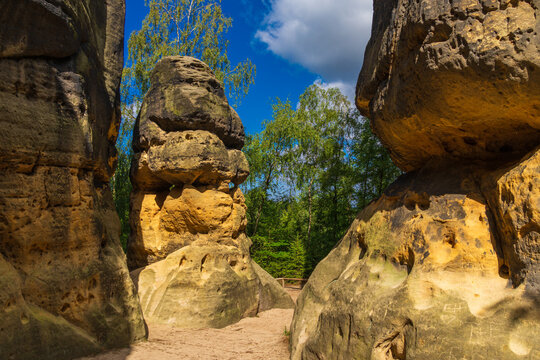 Unique sandstone formations at Schrammtor in Saxon Switzerland National Park Germany