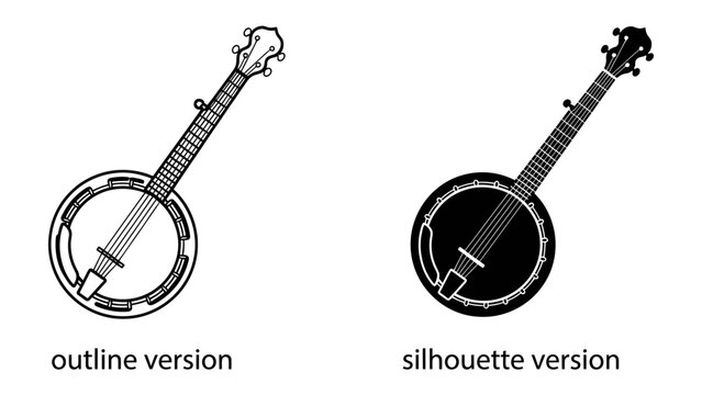 Banjo Outline and Silhouette: A side-by-side comparison of a banjo, presented in both a clean outline and a bold silhouette version, showcasing the instrument's iconic shape and design elements.