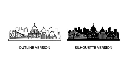 Naklejka premium Cityscape Outline and Silhouette: Two distinct representations of a city skyline, one in outline and the other in silhouette, showcasing architectural landmarks and urban design.