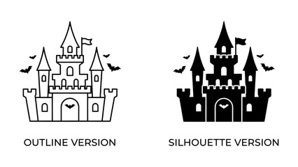 Spooky Castle Icons: Two stylized castle icons, one in outline and the other in silhouette, designed for Halloween themes, featuring bat motifs and castle turrets. © sanjida