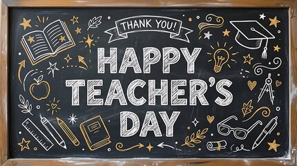 Naklejka premium Chalkboard featuring Happy Teacher Day message and hand drawn school stationery illustrations for academic appreciation and educational event marketing materials